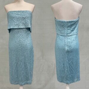 Donna Karan New York Light Blue Sequin Strapless Popover Midi Dress 10 Cocktail